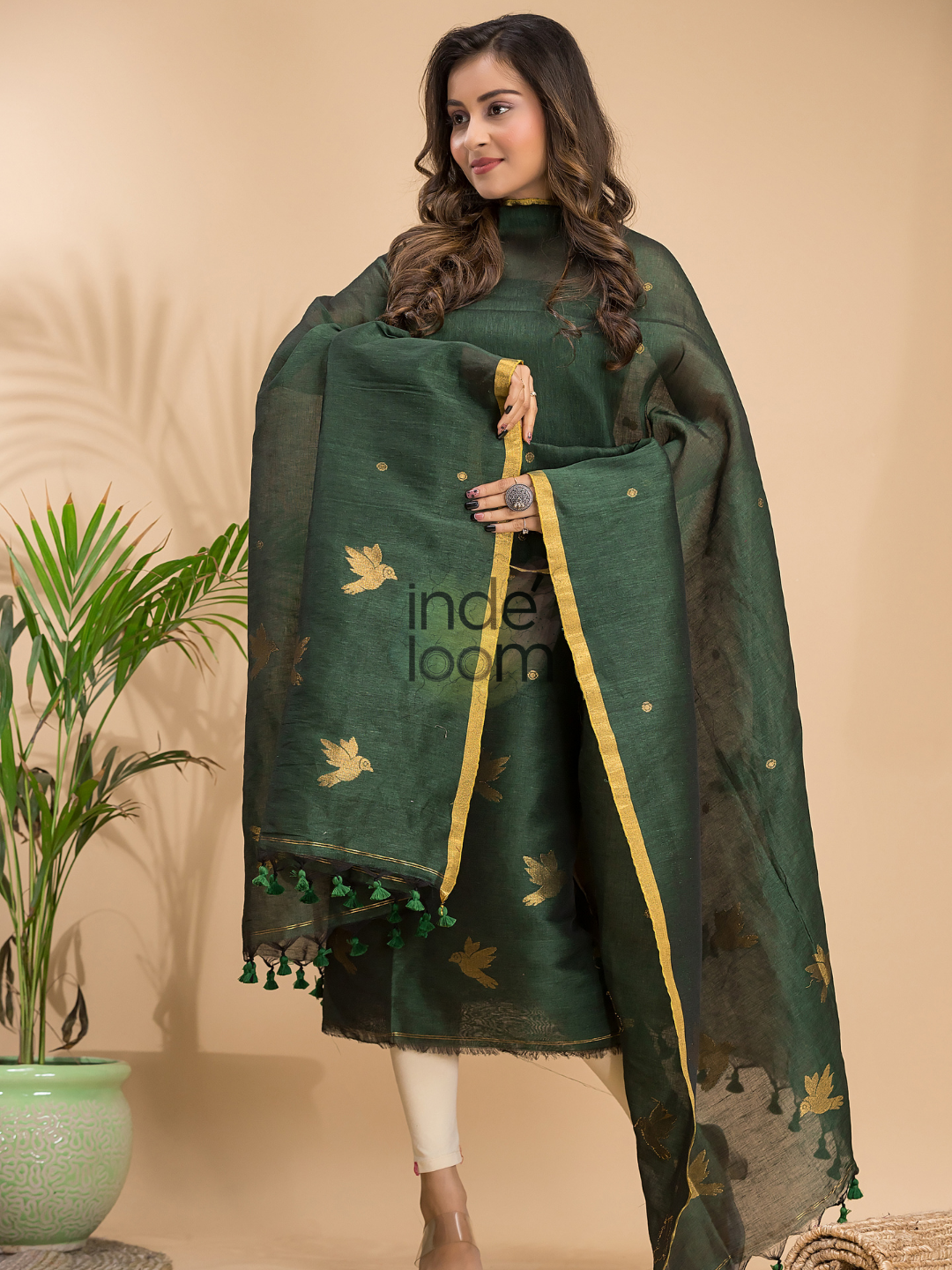 Dark Green Cotton Linen 2-Piece Set Kurti & Dupatta (UNSTITCHED) - 017