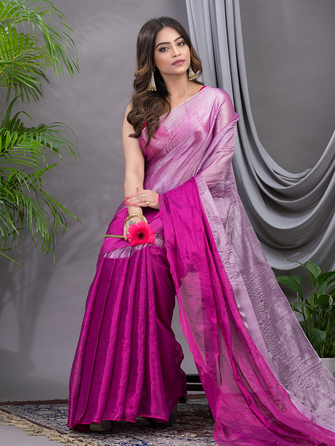 Tissue Silk Saree With Hot Pink - 020