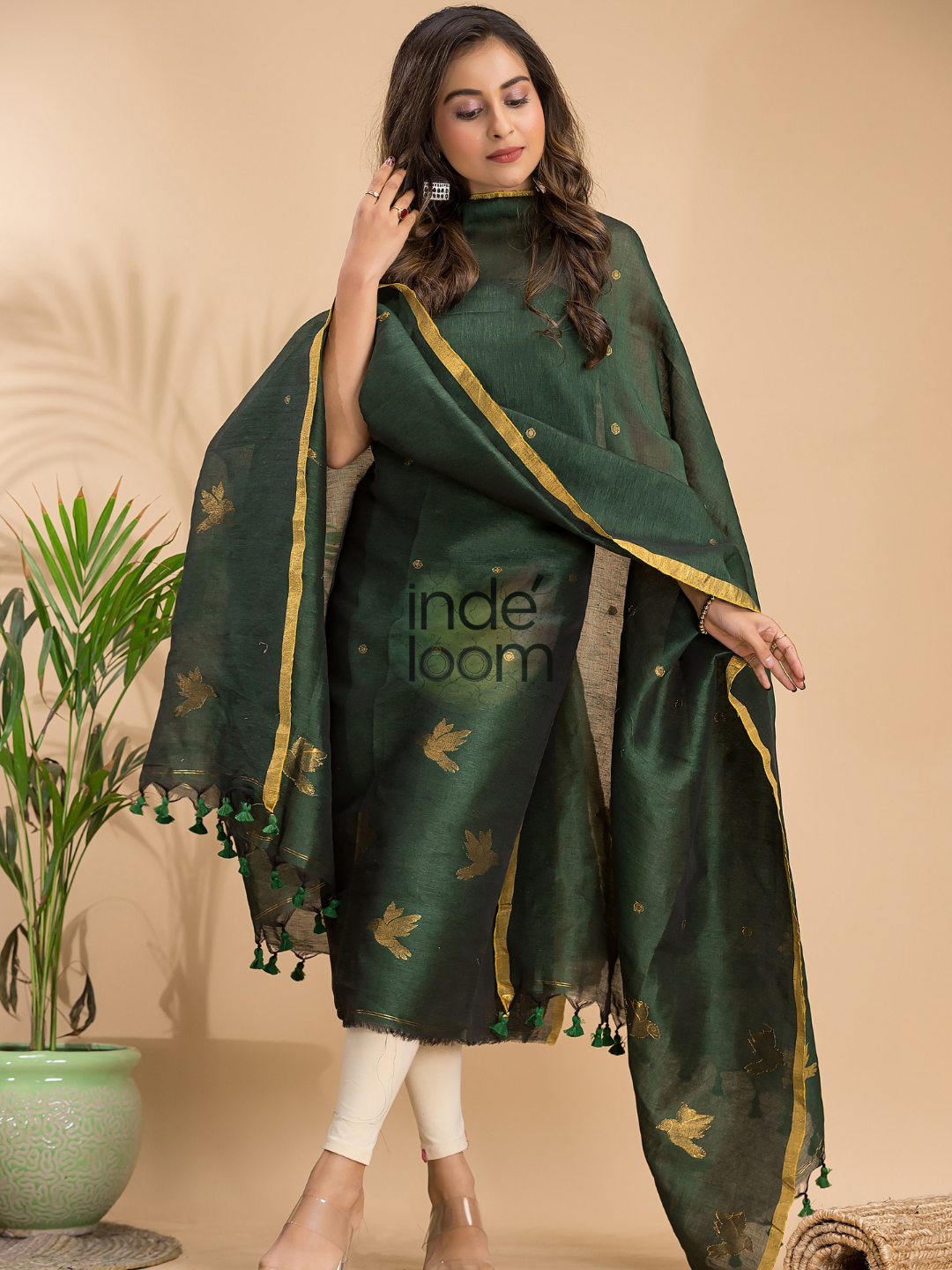 Dark Green Cotton Linen 2-Piece Set Kurti & Dupatta (UNSTITCHED) - 017