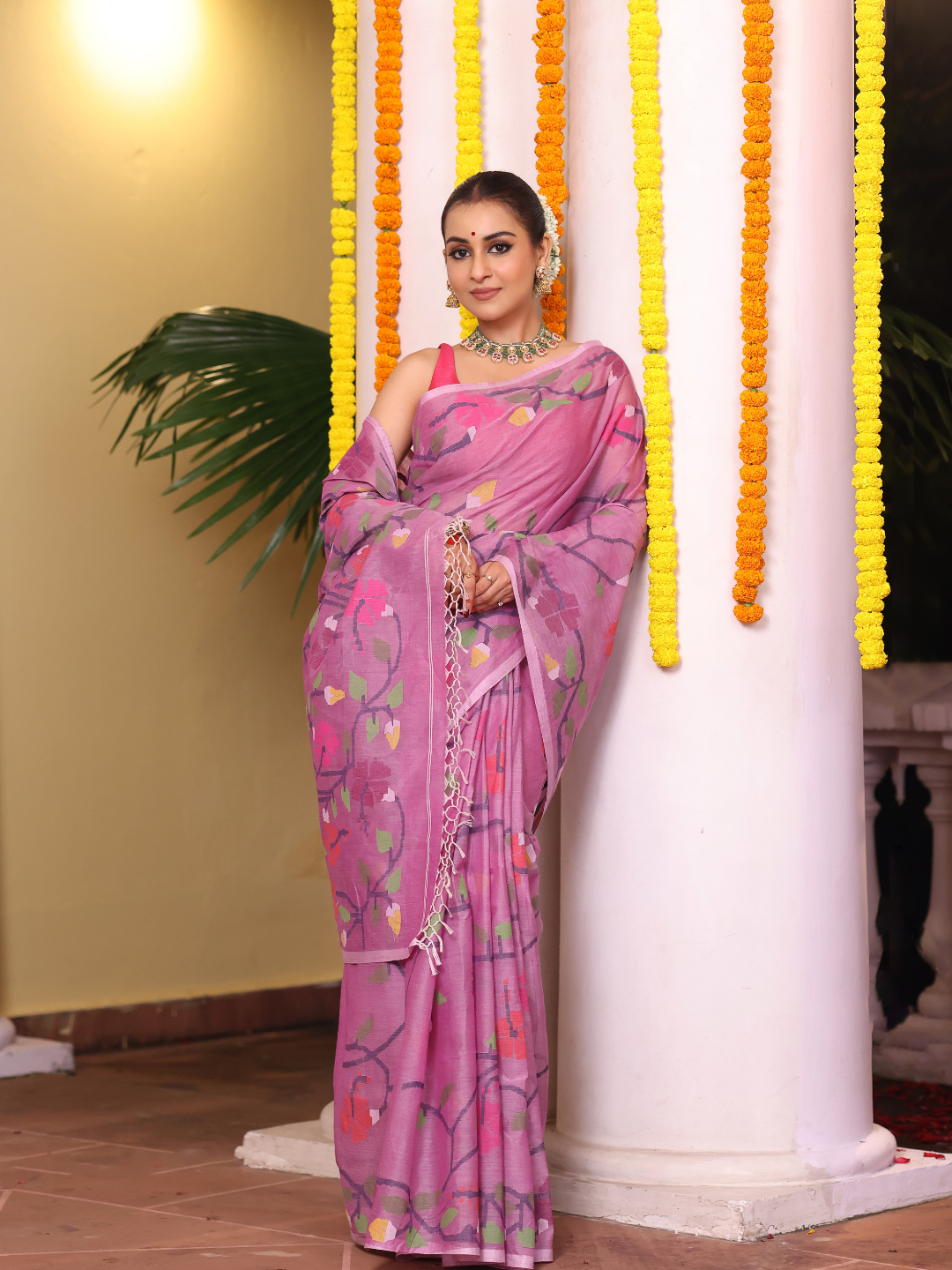 Handloom Jamdani Saree With Rose Pink - 112