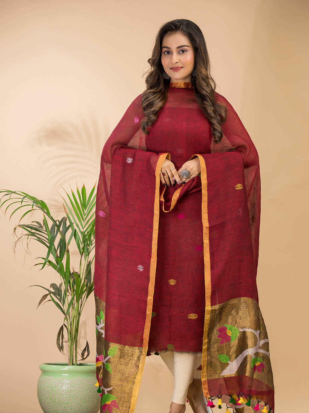 Claret | Handloom Jamdani Linen Unstitched 2-Piece Kurti | Paithani Design