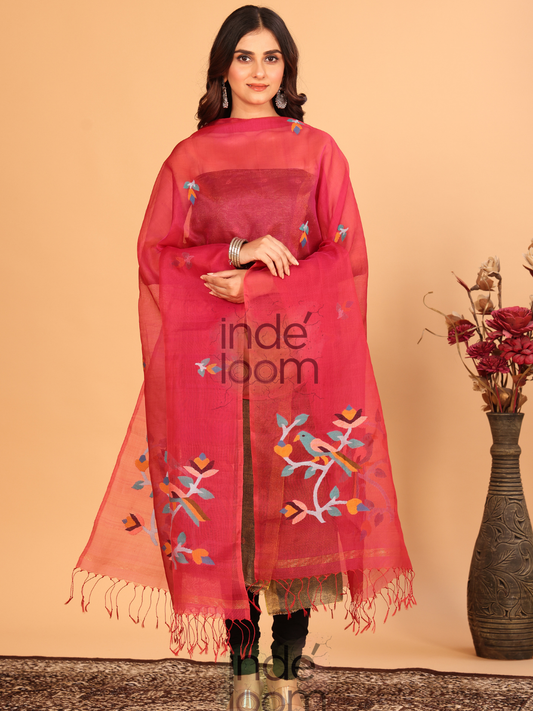 Pure Handloom Muslin Jamdani Dupatta With Classic Red - 027