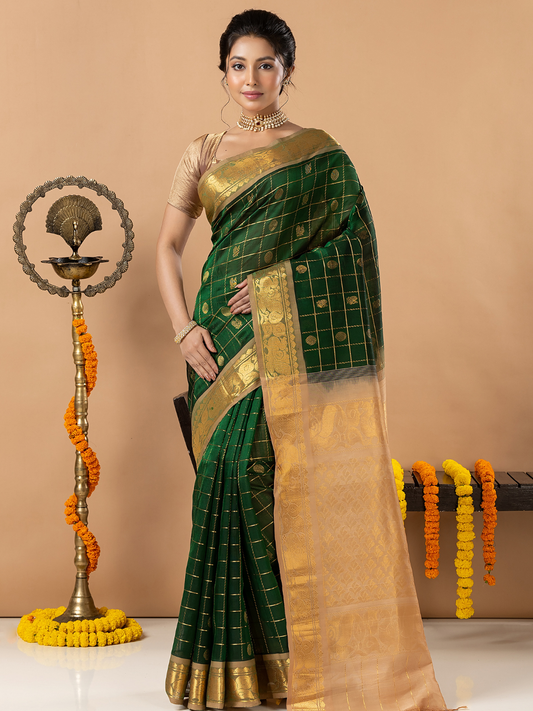 Handloom Korvai Silk Cotton Saree | Bottle Green
