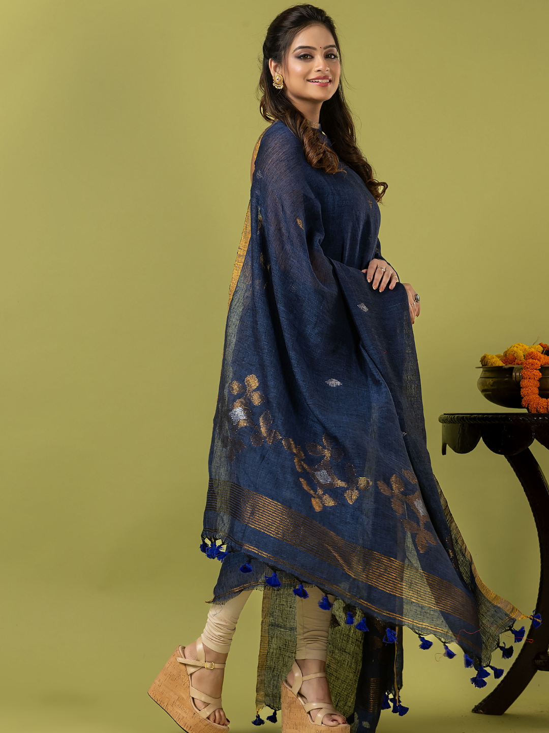 Handwoven Jamdani Linen Unstitched 2-piece Kurti | Navy Blue