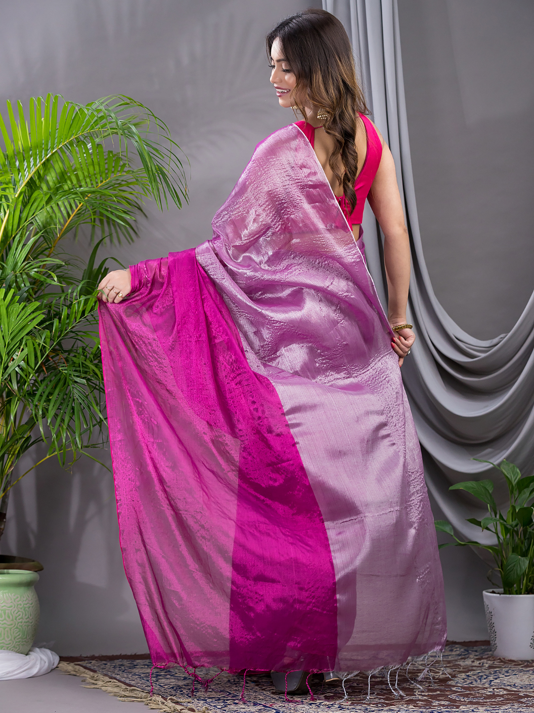 Tissue Silk Saree With Hot Pink - 020
