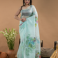 Light Green And Flowers  Organza Hand-painted Saree -076
