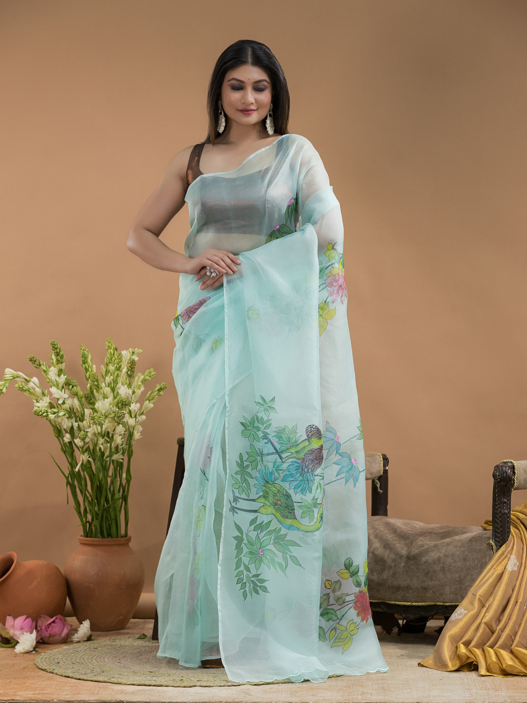 Light Green And Flowers  Organza Hand-painted Saree -076