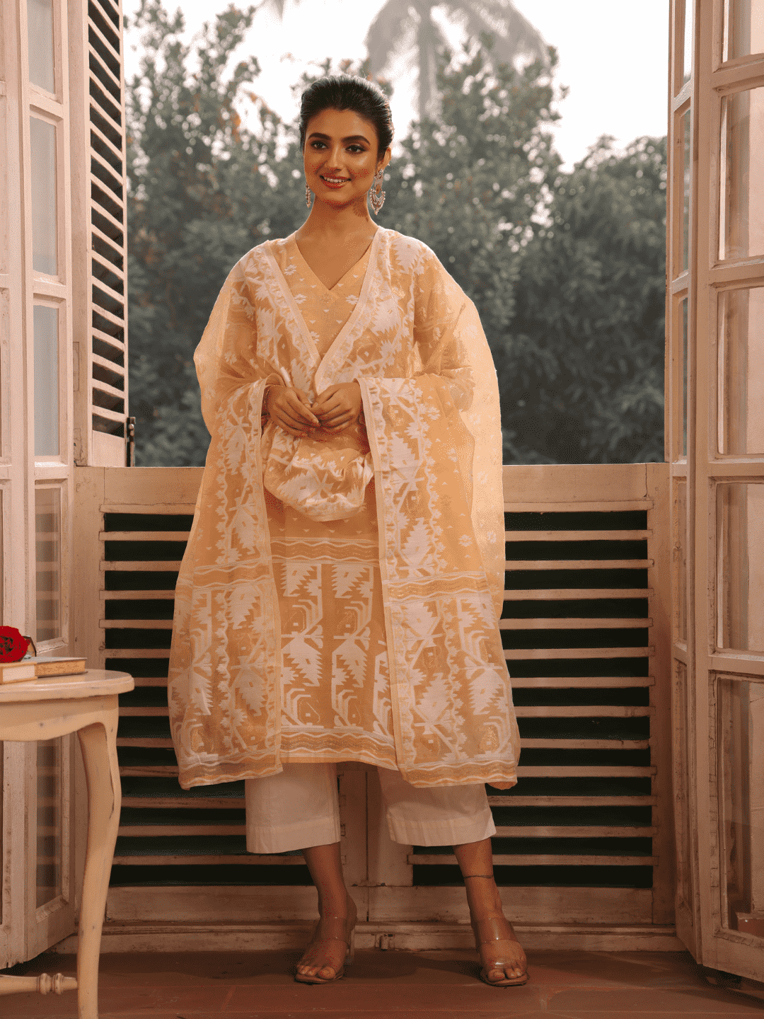 Light Yellow Cotton Silk Jamdani 2-Piece Set Kurti & Dupatta (UNSTITCHED) - 377 - indeloom