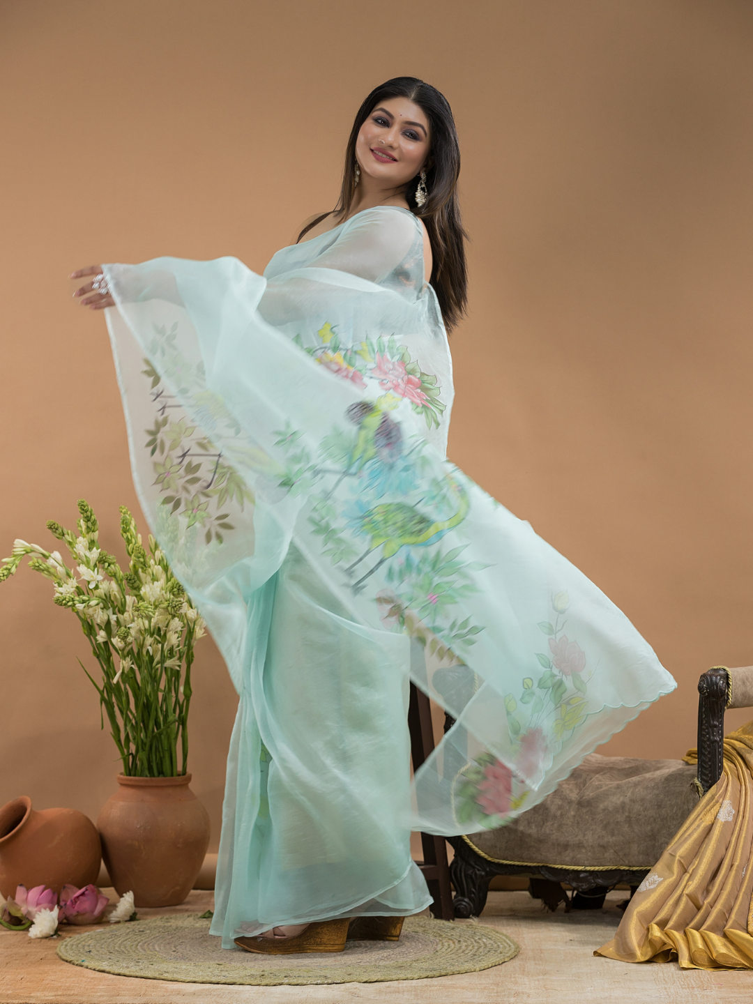 Light Green And Flowers  Organza Hand-painted Saree -076