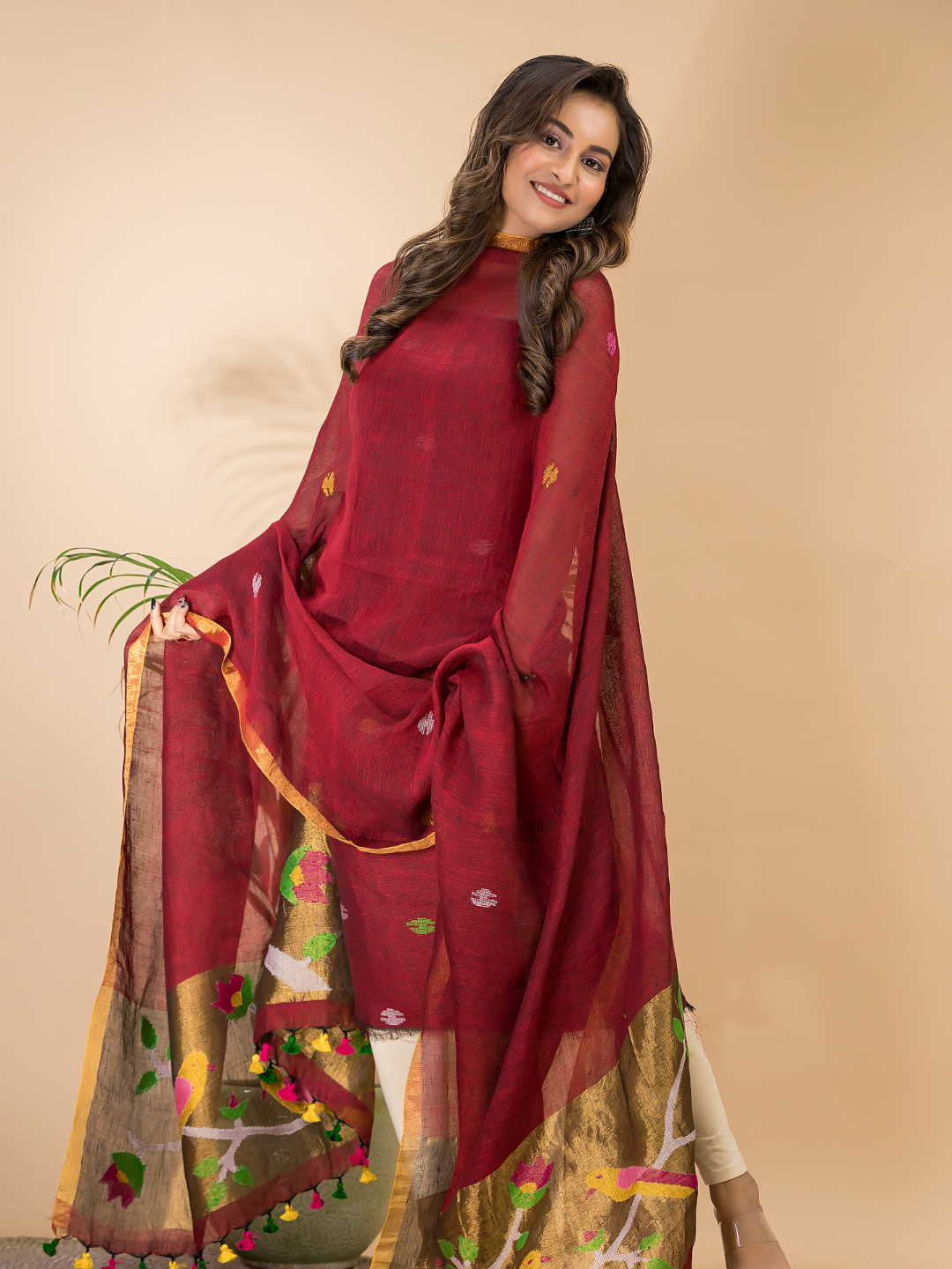 Claret | Handloom Jamdani Linen Unstitched 2-Piece Kurti | Paithani Design