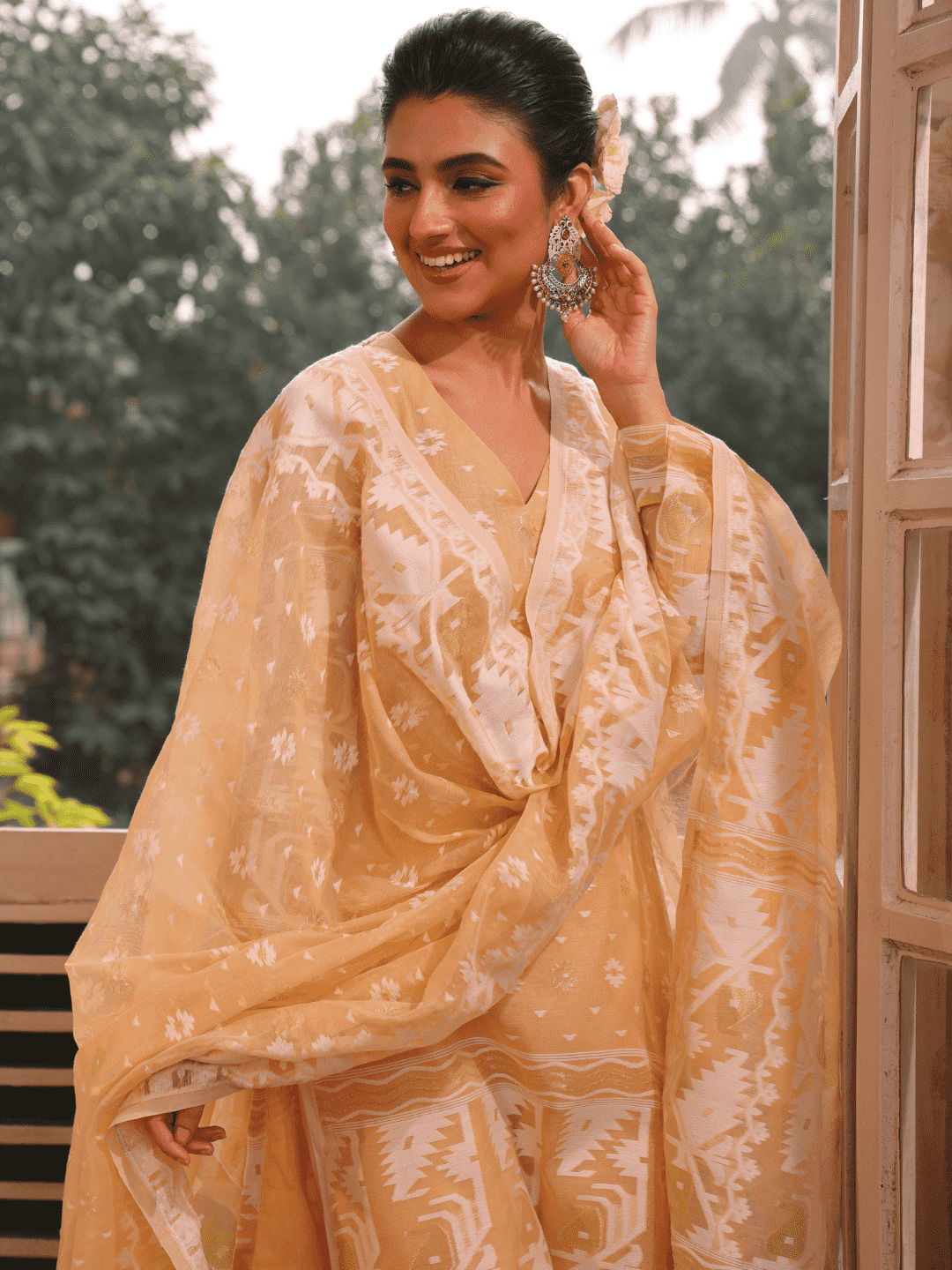 Light Yellow Cotton Silk Jamdani 2-Piece Set Kurti & Dupatta (UNSTITCHED) - 377 - indeloom