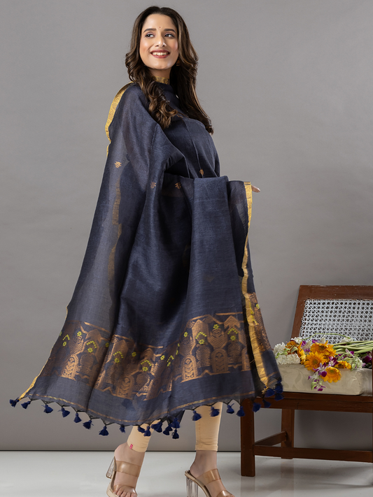 Handwoven Jamdani Linen Unstitched 2-Piece Kurti | Charcoal Navy
