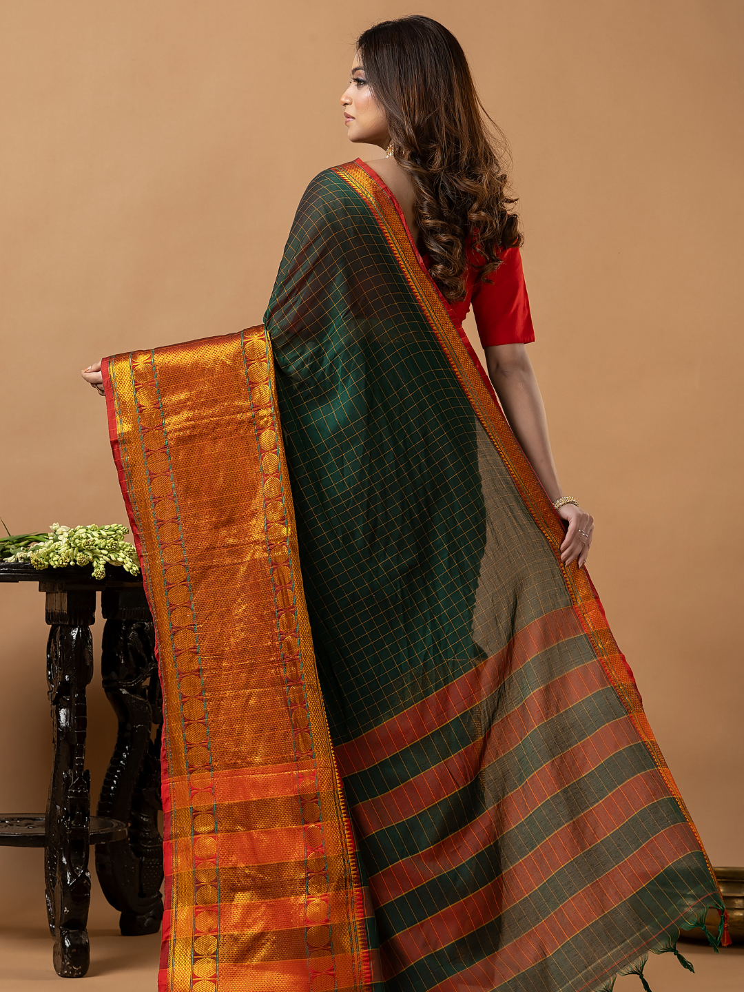 Traditional Narayanpet Cotton Saree | Dark Green