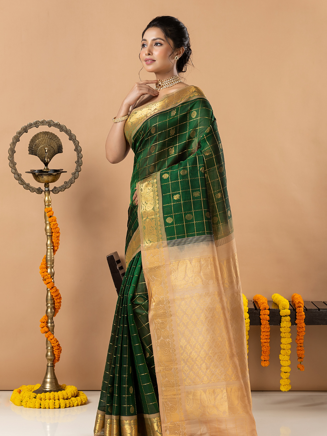 Handloom Korvai Silk Cotton Saree | Bottle Green