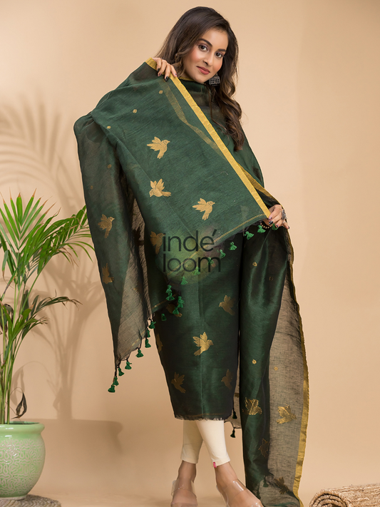 Dark Green Cotton Linen 2-Piece Set Kurti & Dupatta (UNSTITCHED) - 017