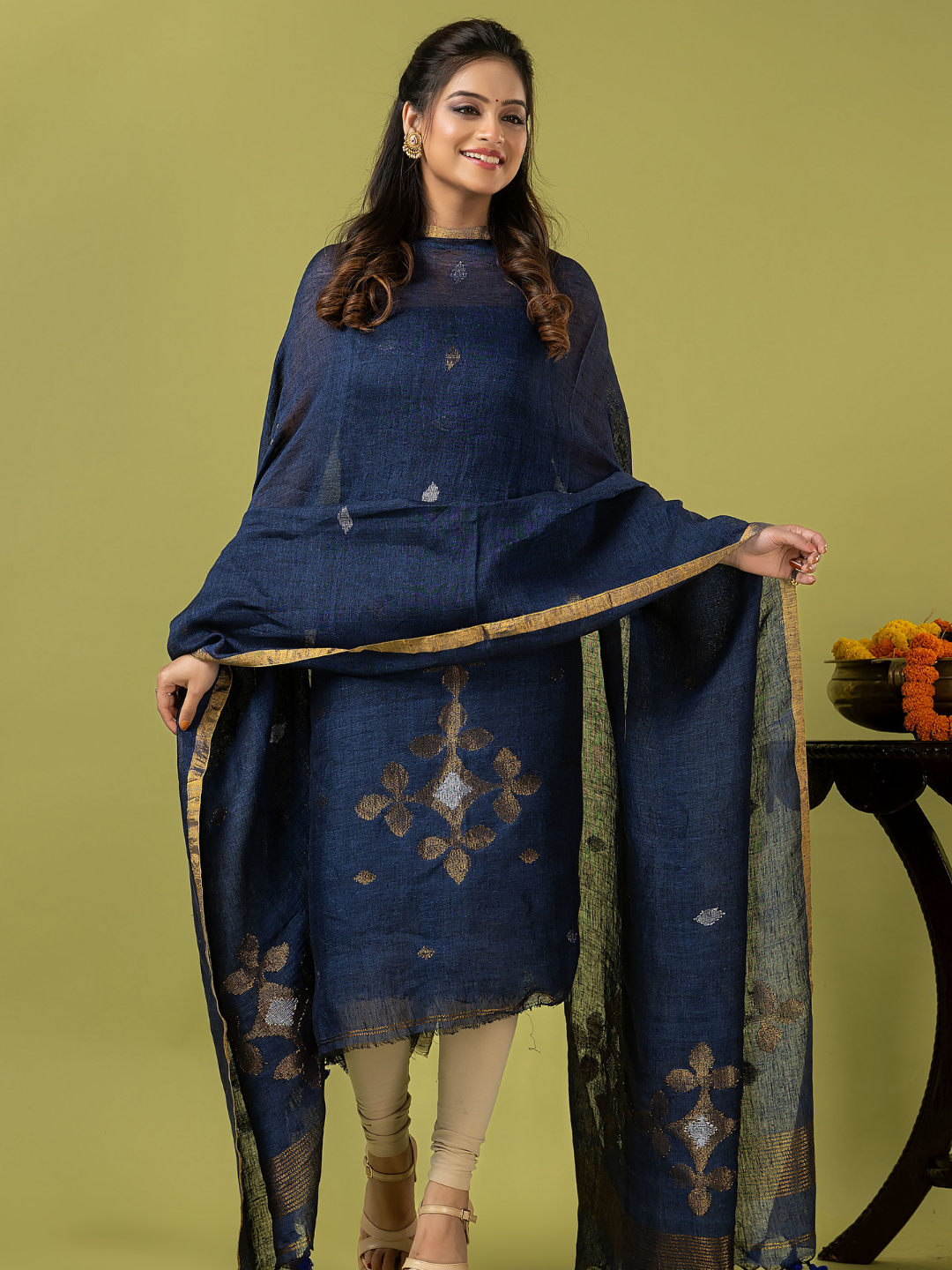 Handwoven Jamdani Linen Unstitched 2-piece Kurti | Navy Blue