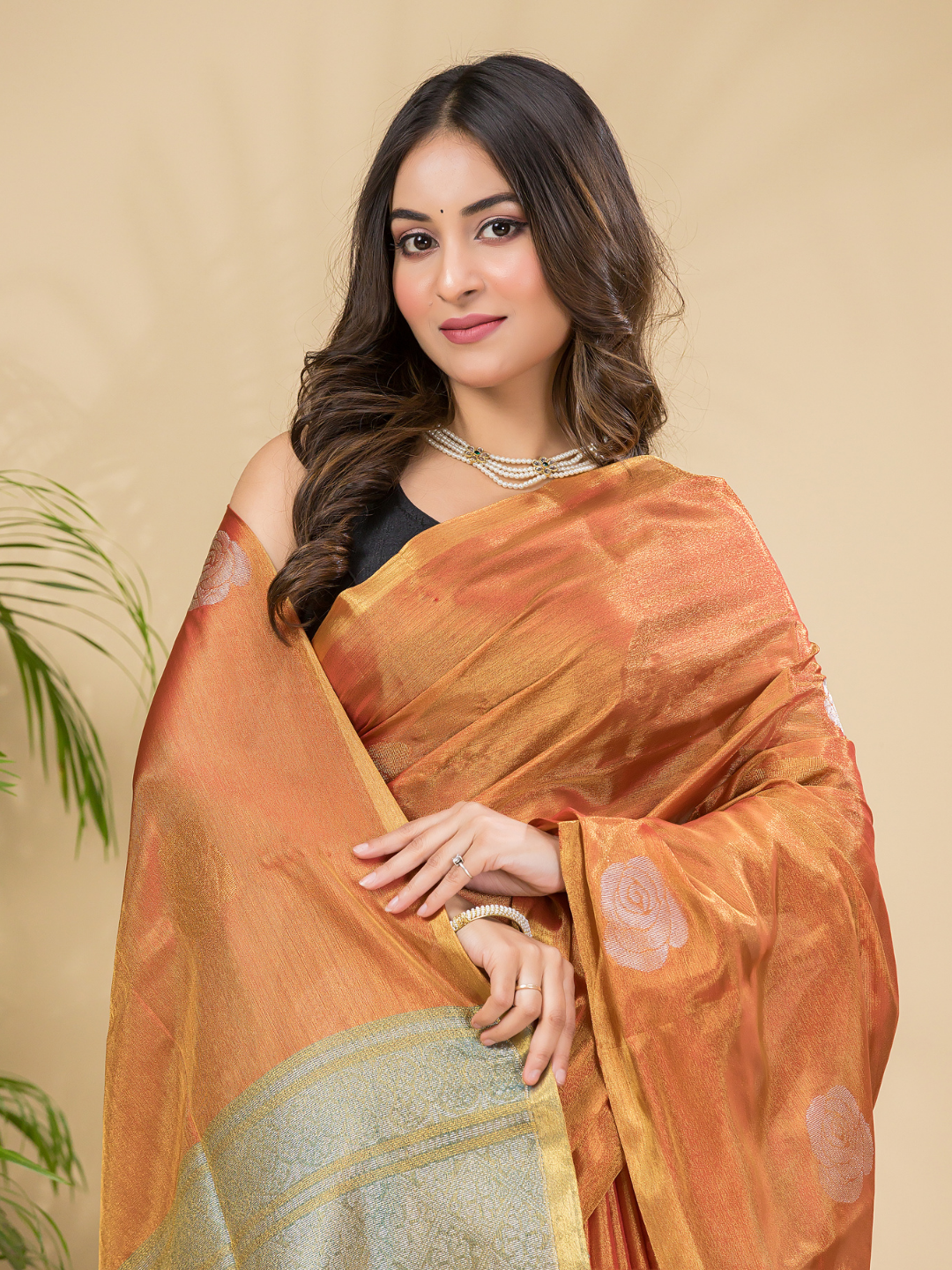 Tissue Silk Saree With Fire Orange - 031
