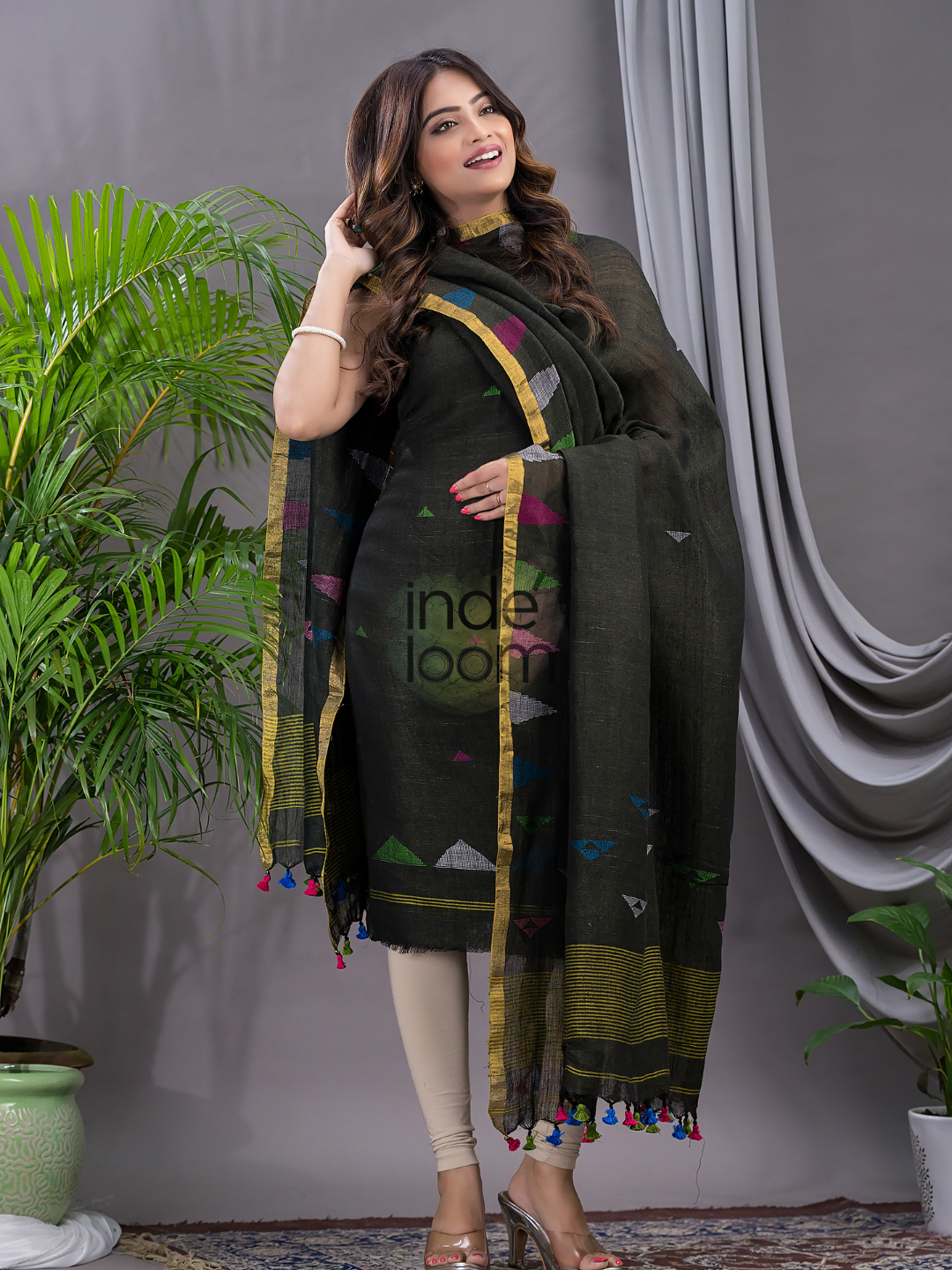 Army Green Linen X Linen 2-Piece Set Kurti & Dupatta (UNSTITCHED) - 117
