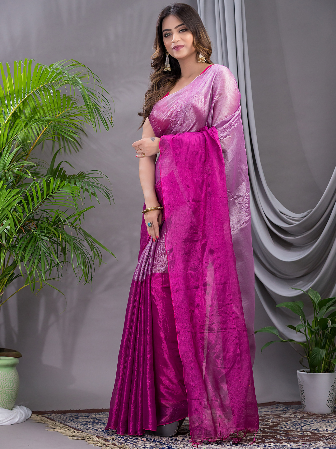 Tissue Silk Saree With Hot Pink - 020