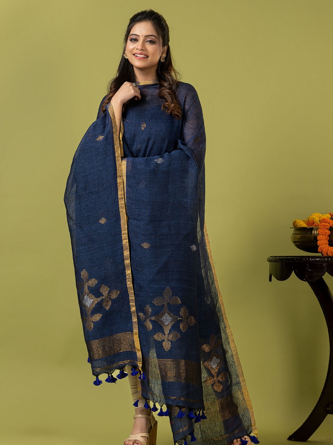 Handwoven Jamdani Linen Unstitched 2-piece Kurti | Navy Blue