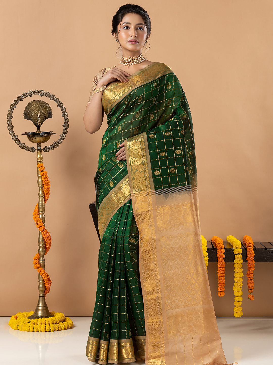 Handloom Korvai Silk Cotton Saree | Bottle Green