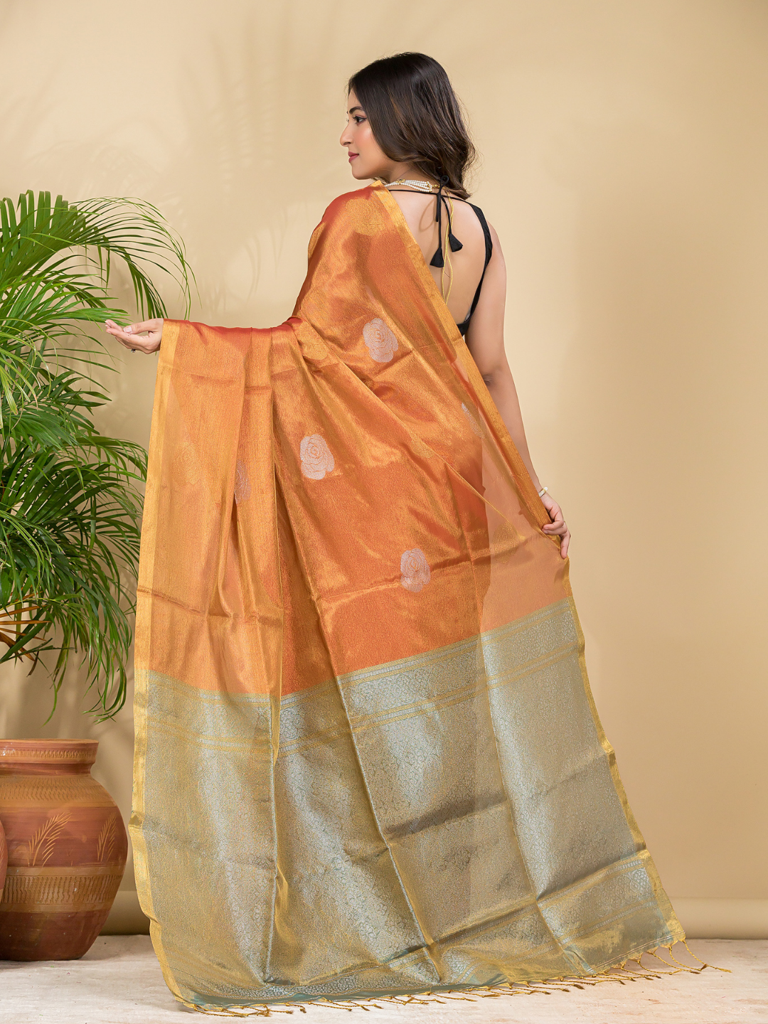 Tissue Silk Saree With Fire Orange - 031