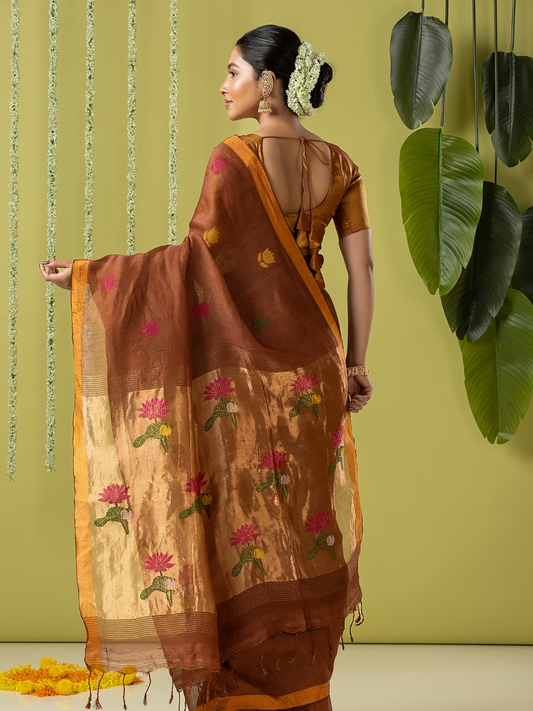 Handwoven Jamdani Silk Tissue Linen Saree | Rust Brown