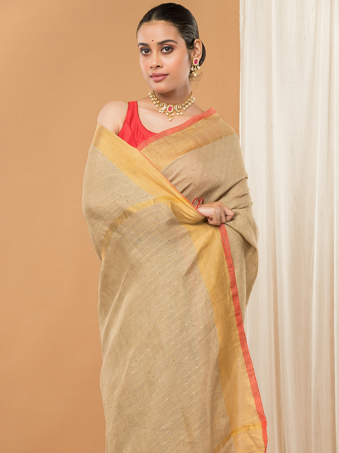 Linen Sequin Jamdani Saree With Light Golden Beige-005