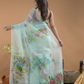 Light Green And Flowers  Organza Hand-painted Saree -076