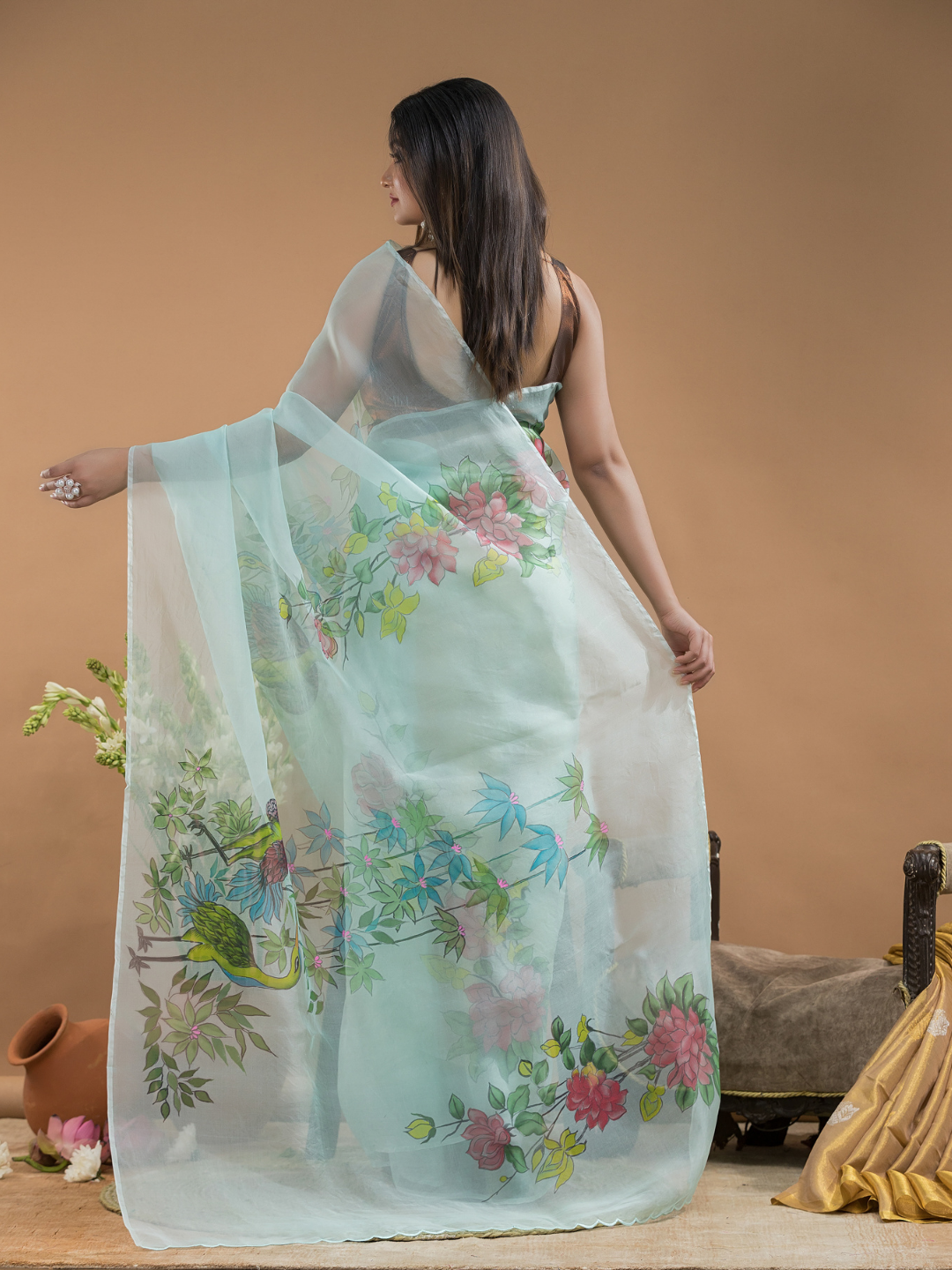 Light Green And Flowers  Organza Hand-painted Saree -076