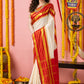 Classic Mysore Semi Silk Saree | White and Red | Plain Body with Zari Stripes