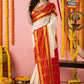 Classic Mysore Semi Silk Saree | White and Red | Plain Body with Zari Stripes