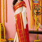 Classic Mysore Semi Silk Saree | White and Red | Plain Body with Zari Stripes