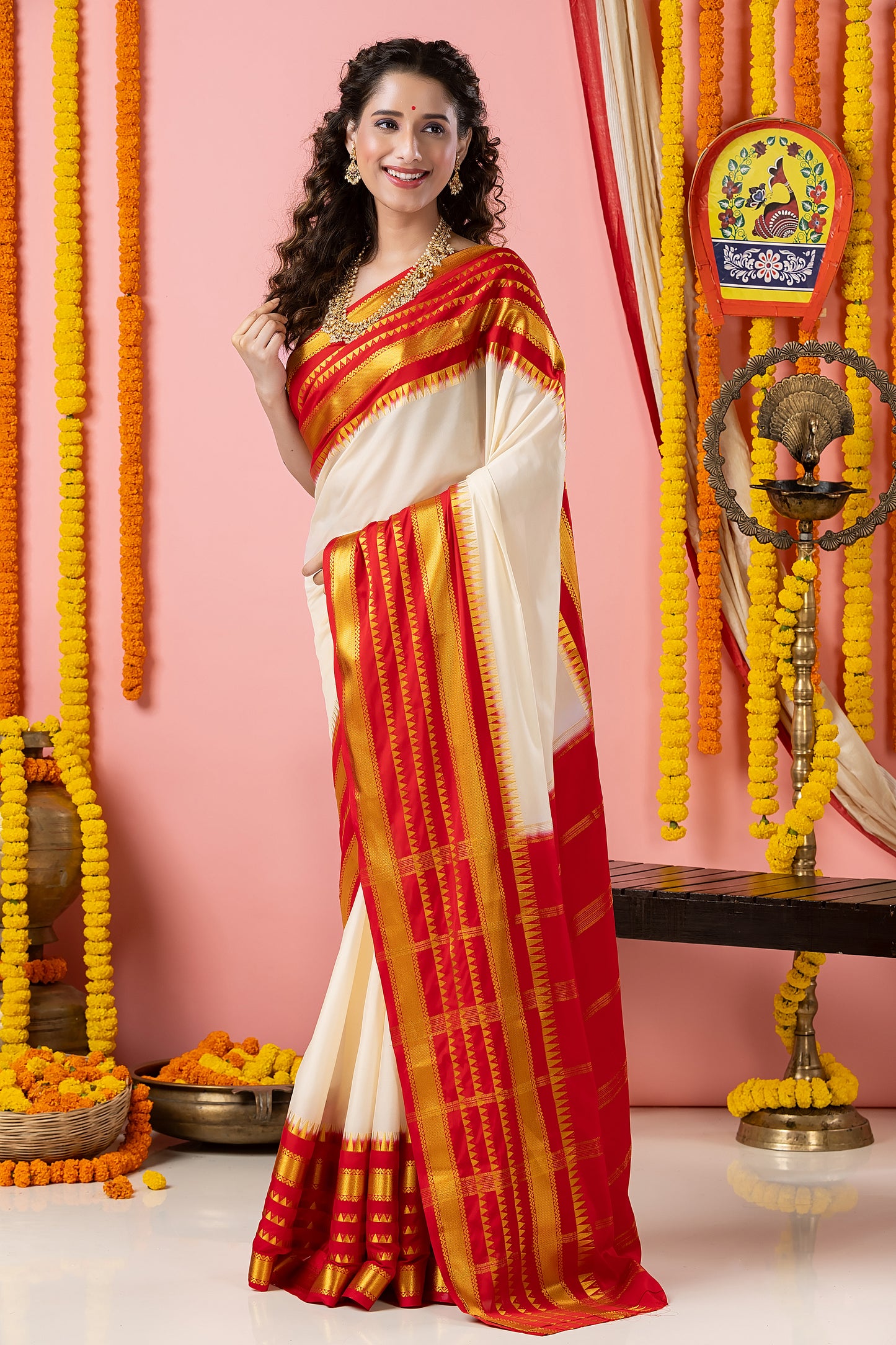 Classic Mysore Semi Silk Saree | White and Red | Plain Body with Zari Stripes