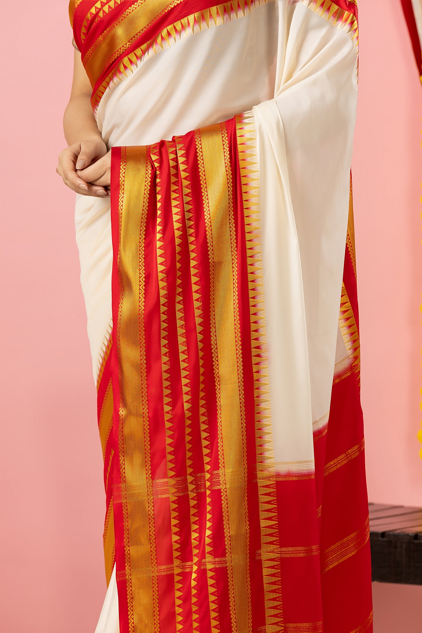 Classic Mysore Semi Silk Saree | White and Red | Plain Body with Zari Stripes
