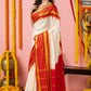 Classic Mysore Semi Silk Saree | White and Red | Plain Body with Zari Stripes