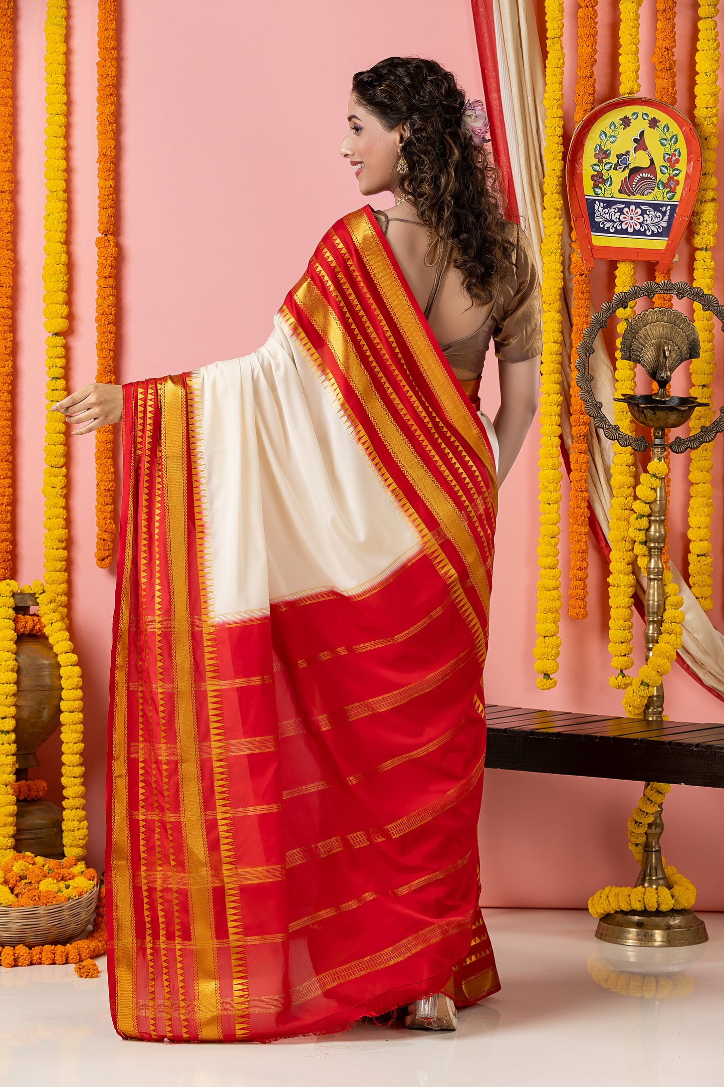 Classic Mysore Semi Silk Saree | White and Red | Plain Body with Zari Stripes