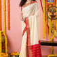 Classic Mysore Semi Silk Saree | White and Red | Plain Body with Mysore Silk Border