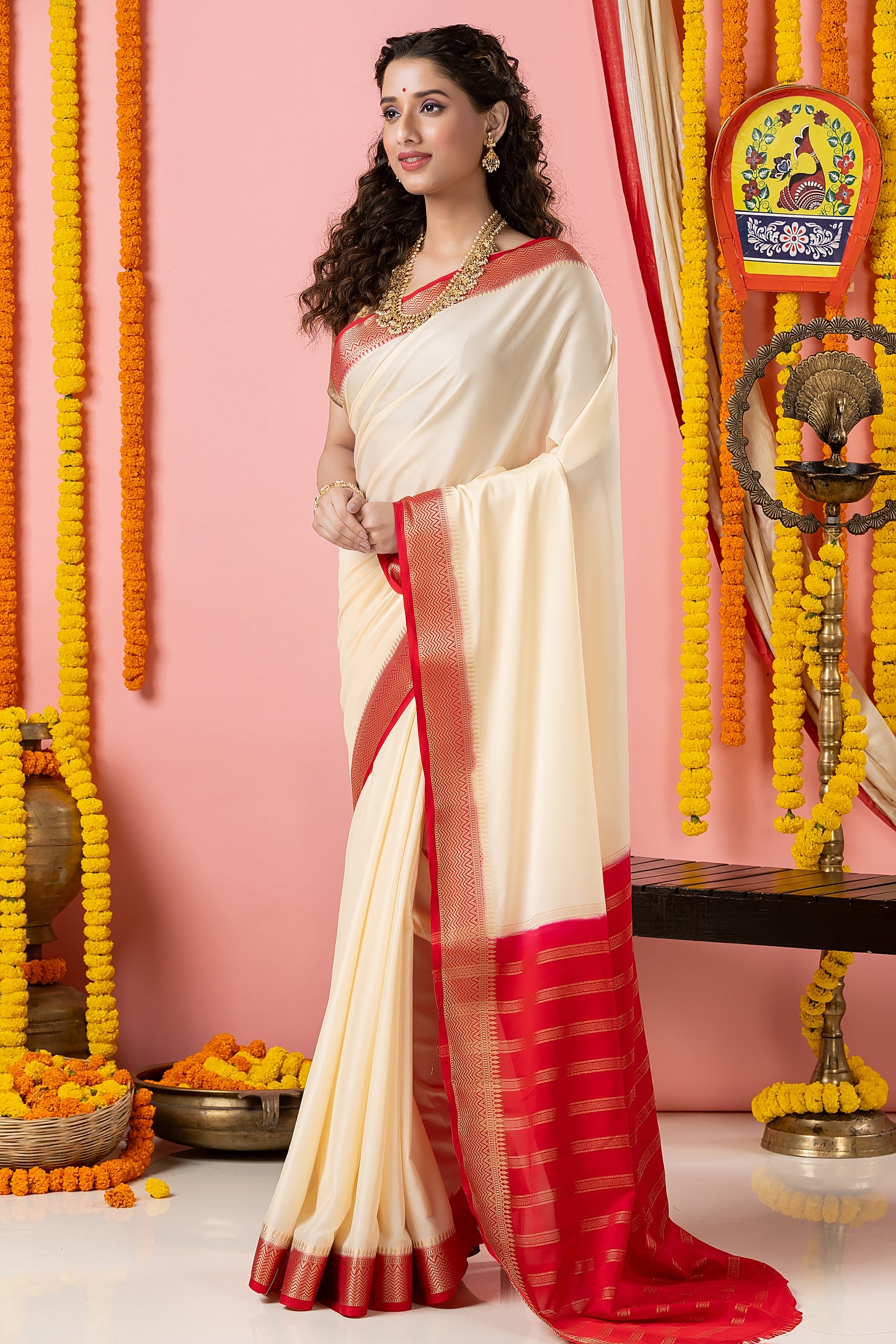 Classic Mysore Semi Silk Saree | White and Red | Plain Body with Mysore Silk Border