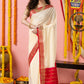 Classic Mysore Semi Silk Saree | White and Red | Plain Body with Mysore Silk Border