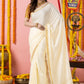 Classic Mysore Semi Silk Saree | Cream | Plain Body with Paisley Border