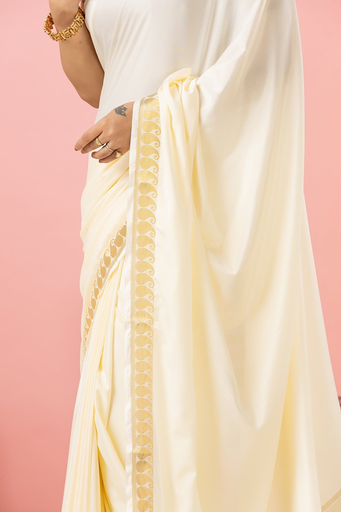 Classic Mysore Semi Silk Saree | Cream | Plain Body with Paisley Border