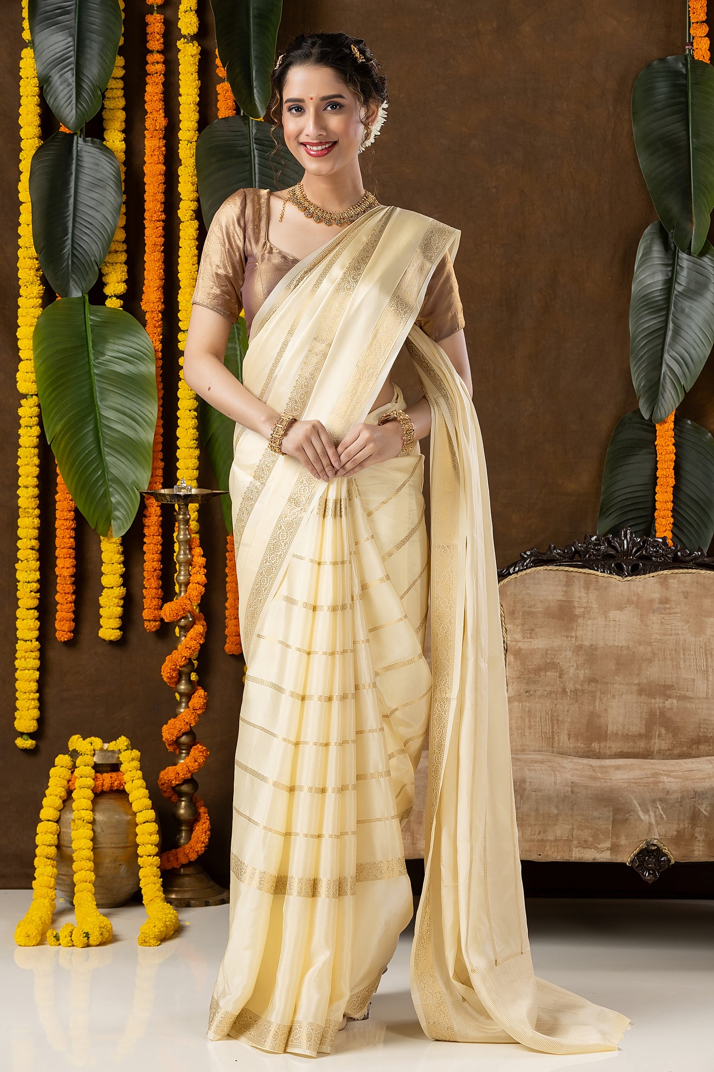 Classic Mysore Semi Silk Saree | Cream | Long Zari Lines with Mysore Silk Border