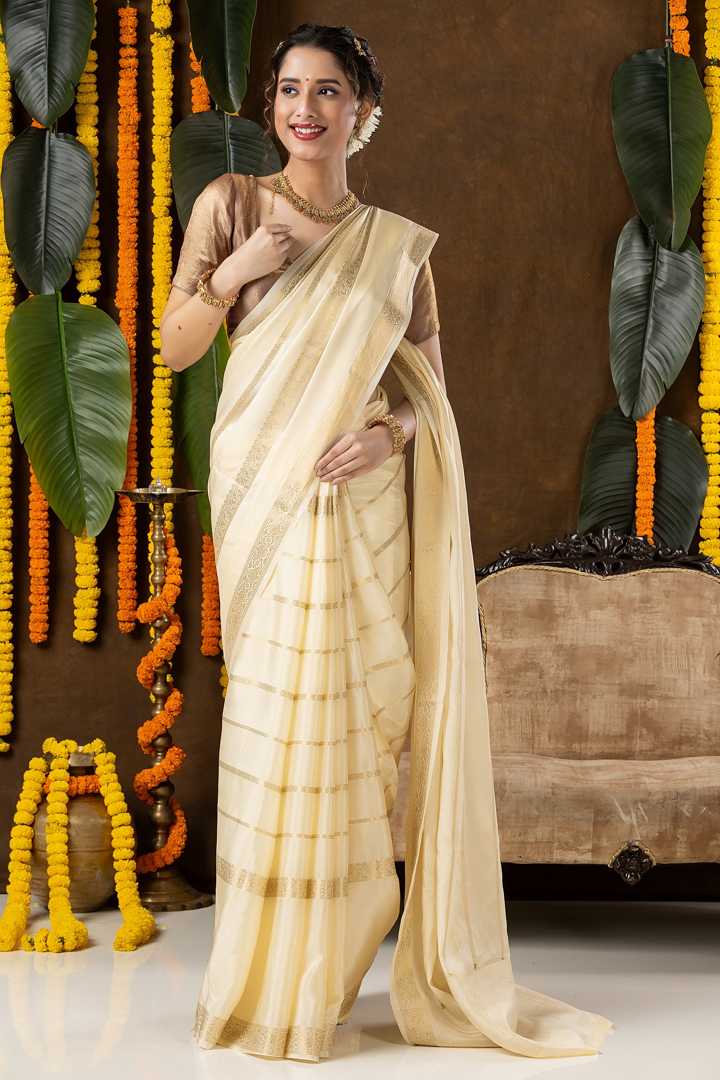 Classic Mysore Semi Silk Saree | Cream | Long Zari Lines with Mysore Silk Border