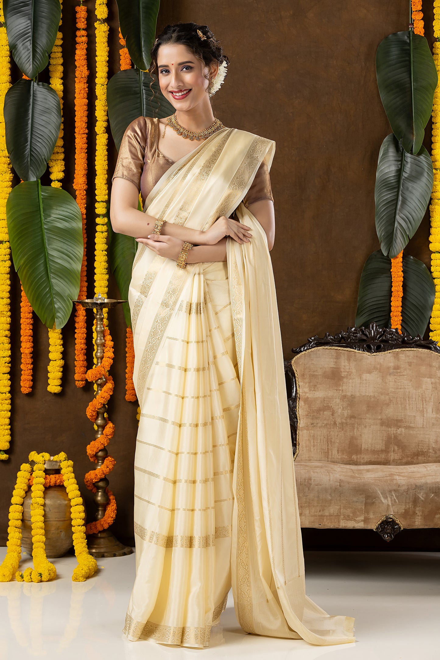 Classic Mysore Semi Silk Saree | Cream | Long Zari Lines with Mysore Silk Border
