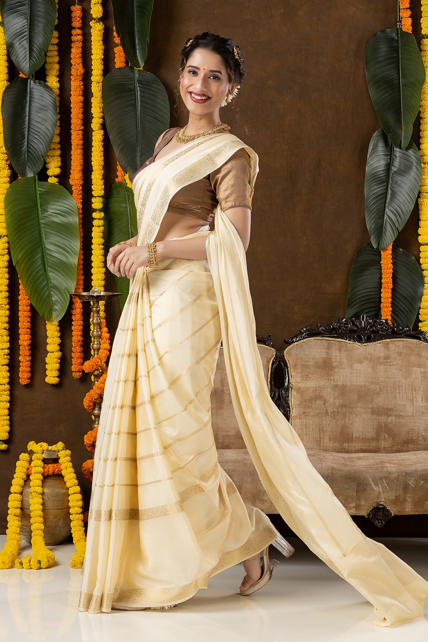 Classic Mysore Semi Silk Saree | Cream | Long Zari Lines with Mysore Silk Border