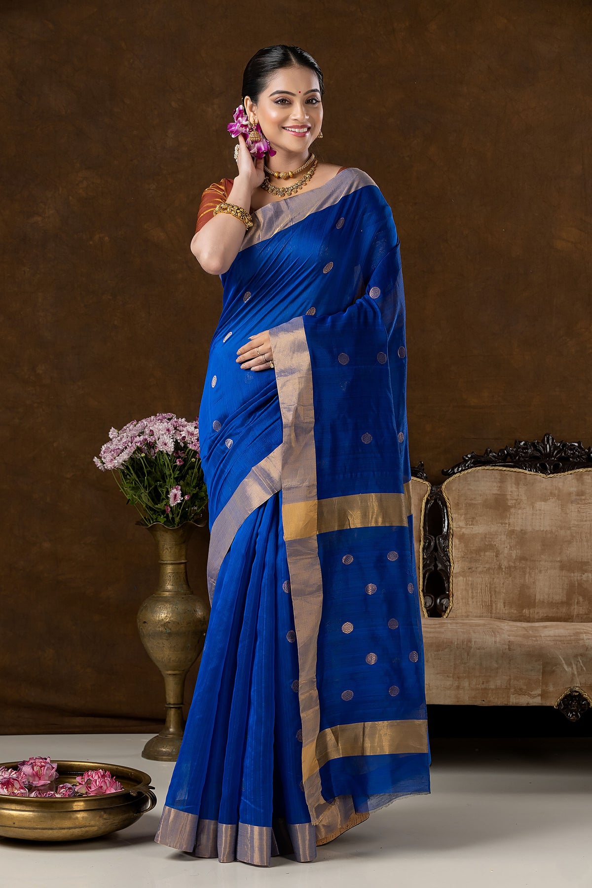 Handwoven Chanderi Silk Cotton Saree | Royal Blue