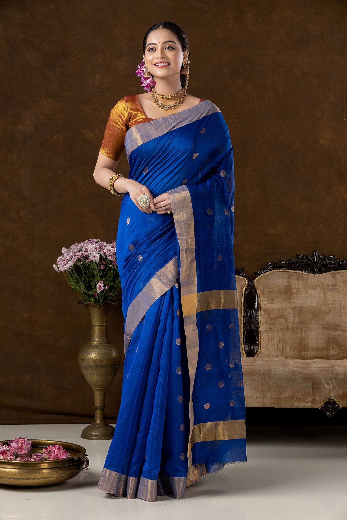 Handwoven Chanderi Silk Cotton Saree | Royal Blue