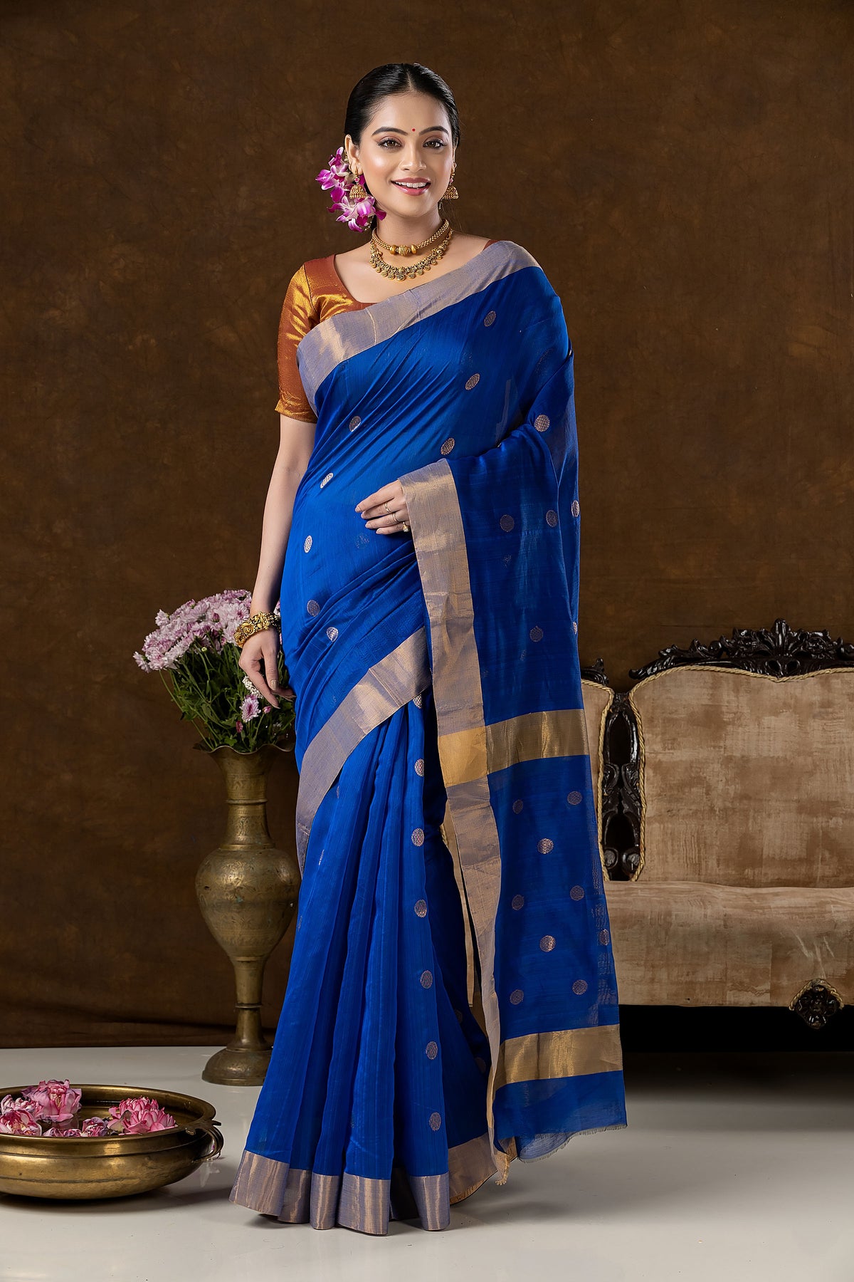 Handwoven Chanderi Silk Cotton Saree | Royal Blue