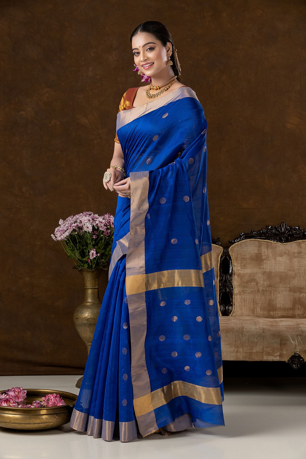 Handwoven Chanderi Silk Cotton Saree | Royal Blue